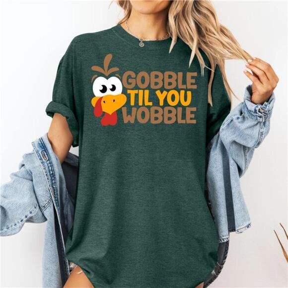 Funny Turkey "Gobble" Graphic Short Sleeve Tee | Thanksgiving Holiday Shirt - Picture 2 of 7